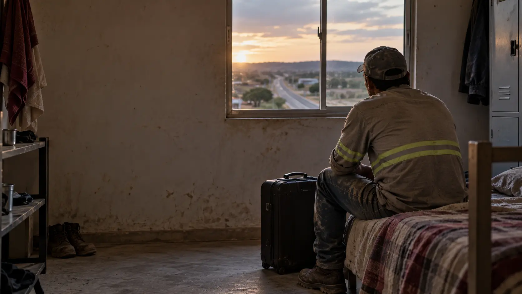 Trabalhador da construção civil em alojamento, com mala pronta e distante de casa